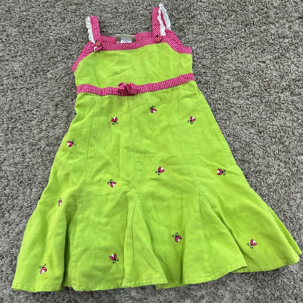 Youngland Girls Lime Green Ladybug Seersucker Dress Pink Polka Dot Lace Size 6